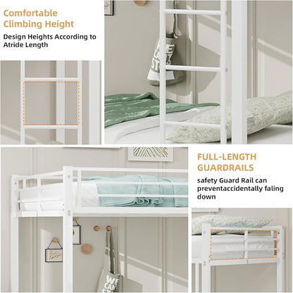 Metal Bunk Bed with Trundle, Space-Saving Bunk Bed Full Over Full with Ladders and Safety Guardrail, Heavy Duty Full Bed Frames, No Box Spring Needed and Noise Free(White)
