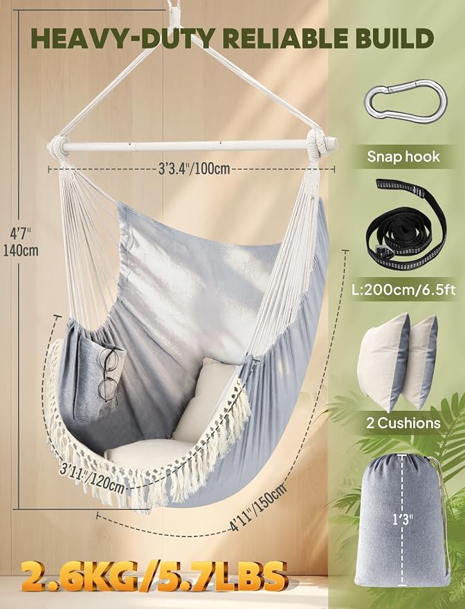 Chihee Hammock Chair 4.9ft x 3.9ft Max 500 Lbs Widen Hanging Swing 2 Cushions Included Metal Spreader Bar with Anti-Slip Grooves Portable Comfy Hanging Chair Side Pocket Bohemian Chair Indoor Outdoor