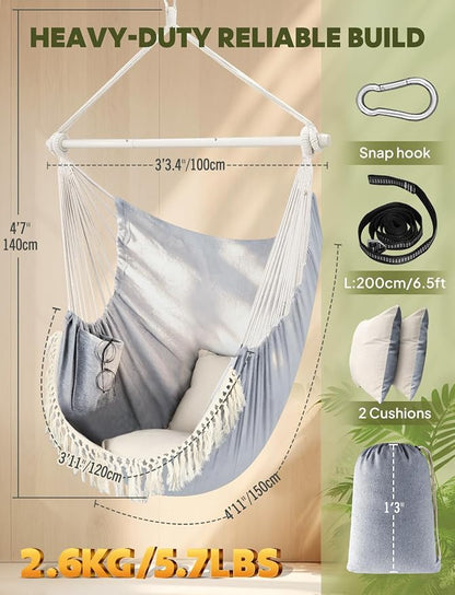 Chihee Hammock Chair 4.9ft x 3.9ft Max 500 Lbs Widen Hanging Swing 2 Cushions Included Metal Spreader Bar with Anti-Slip Grooves Portable Comfy Hanging Chair Side Pocket Bohemian Chair Indoor Outdoor