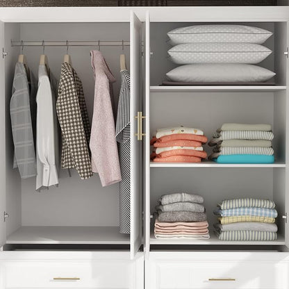 AIEGLE 4-Door Armoire Wardrobe Closet with Drawers, White Coat Closet with Doors, Modern Tall Wardrobe Cabinet Closet with Hanging Rod for Bedroom, Freestanding, White, 20.6" D x 63" W x 74.2" H