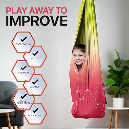 Indoor Sensory Swing for Kids or Outdoor – Holds 300lbs, Double-Layer, & 360° Swivel, Calming Compression Therapy Swing Hammock for Kids & Adults with All Hardware – Sensory-Motor Toys & Gifts