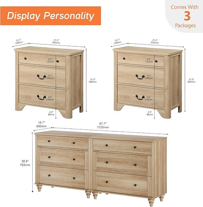 WAMPAT 4 Piece Bedroom Set - Includes Farmhouse 3 Drawer Storage Dressers, Set of 2 Nightstands with 3 Drawers, Dresser and Nightstand Sets, Oak