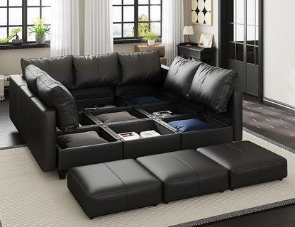 EASE MOOSE Faux Leather Sectional Couch with Storage,Black Sleeper Faux Leather Modualr Sofa Couch