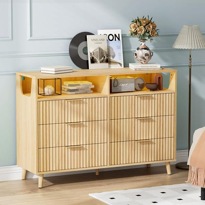 VINGLI Fluted Dresser Led, 6 Drawer Dresser for Bedroom, Light Wood Bedroom Dressers Oak, 47" W*15.75" D*33" H