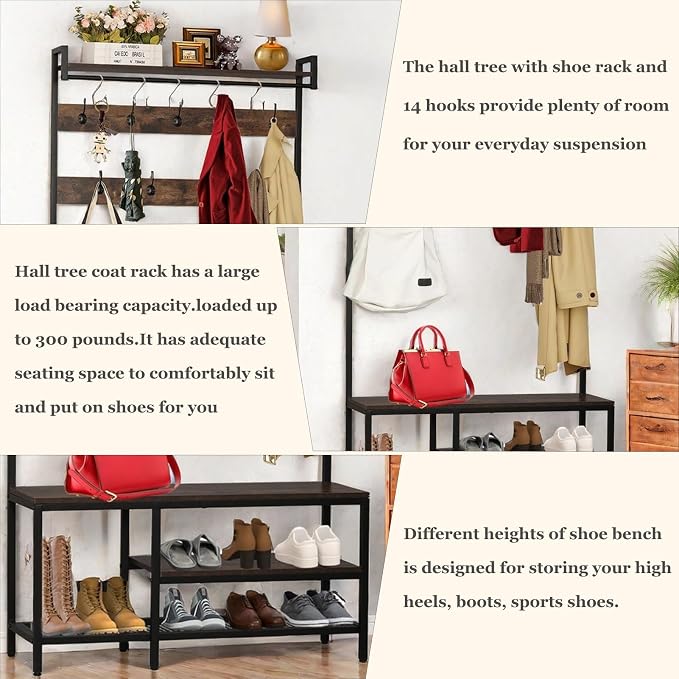 5-in-1 Coat Rack freestanding for Entryway, 71’’ Wooden Hall Tree Bench with Shoes Storage, Industrial Entrance Organizer with 14 Hooks for Hallway Living Room and Bedroom (Brown)