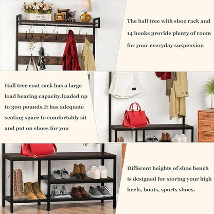 5-in-1 Coat Rack freestanding for Entryway, 71’’ Wooden Hall Tree Bench with Shoes Storage, Industrial Entrance Organizer with 14 Hooks for Hallway Living Room and Bedroom (Brown)