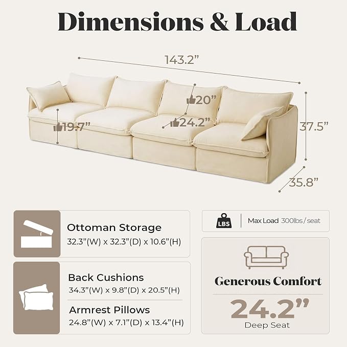 Cloud Modular Sofa, Oversized Deep Seat Comfort, Luxe Chenille | Fully Removable Washable Covers, Memory Foam Seat Cushions, Premium Fabric