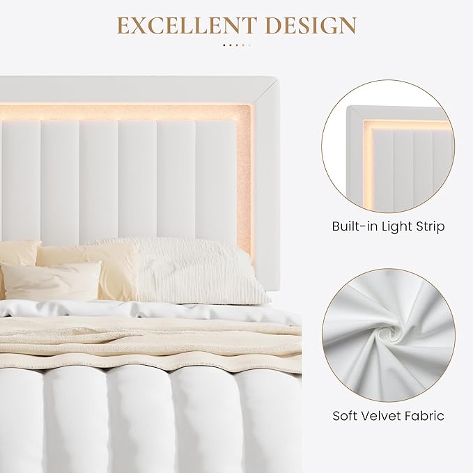 SHA CERLIN Queen Size Velvet Bed Frame with LED Light, Adjustable Vertical Channel Tufted Headboard, Strong Wooden Slats Support, Noise-Free, No Box Spring Needed, White