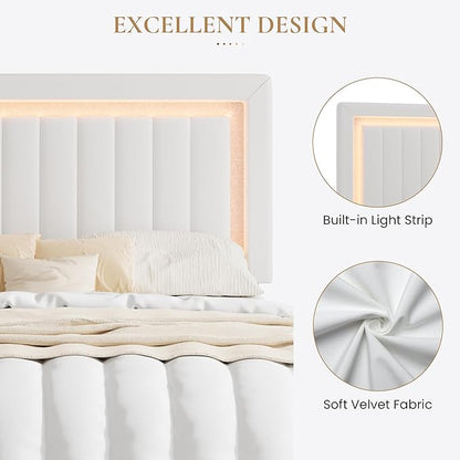 SHA CERLIN Full Size Velvet Bed Frame with LED Light, Adjustable Vertical Channel Tufted Headboard, Strong Wooden Slats Support, Noise-Free, No Box Spring Needed, White