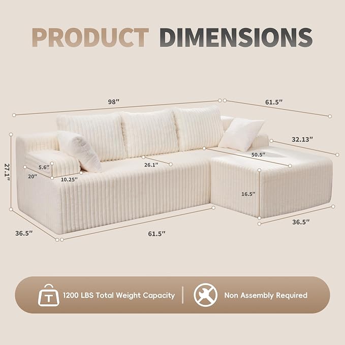 Hobestluk Boneless Couch Modular Sectional Sofa for Living Room Furniture | 98" Right Facing Chaise White,Memory Foam,Removable Cover,Non-slip Bottom,No Assemble Required,Furniture for Apartment