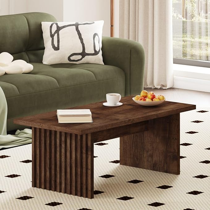 BON AUGURE Coffee Table for Living Room, 43Inch Farmhouse Wood Center Table, Rectangle Mid-Century Living Room Tables, Unique Fluted Panel Coffee Tables (Rustic Oak)