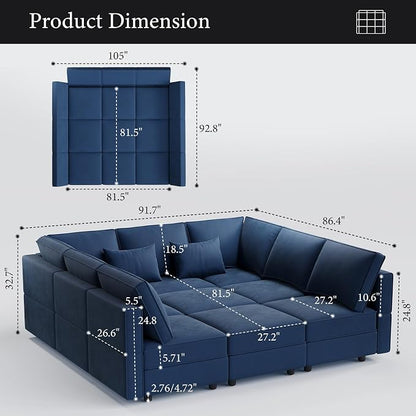 Vesgantti Modular Sofa Bed with Storage, 92" Sleeper Sofas with 9 Seats Storage Chaises Removable Cover, Luxury Large Velvet Sectional Couch Set for Living Room, Apartment, Home Theater, Blue