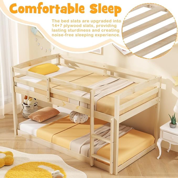MAT EXPERT Bunk Bed Twin Over Twin, Low Wood Bunk Bed Frame w/Safety Guardrails, Ladder & Slats, Floor Platform Twin Bunk Beds for Kids Toddlers, for Dorm Bedroom, No Box Spring Needed (Natural)