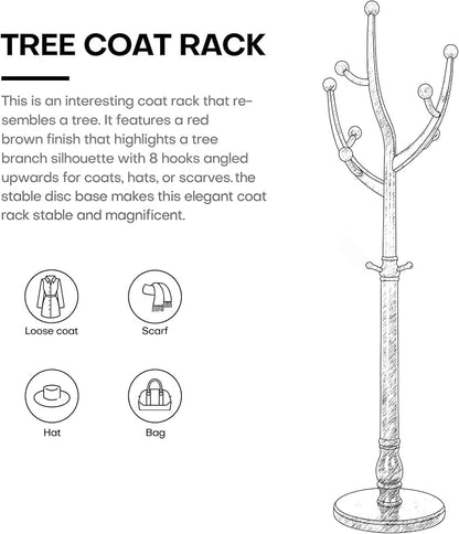 Bekrvio Tree Coat Rack Freestanding with Round Base, Red Brown | Unique Coat Hanger Stand, Heavy Duty Standing Coat Rack, For Jacket, Hat, Bags For Entryway / Hallway / Bedroom