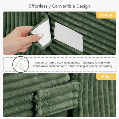 cidludto Convertible Sofa Bed, Boneless Couch 2 in 1 Loveseat Folding Couch Bed Foldable, Chair Bed & Futon Sofa Bed, Small Corduroy Pull Out Sofa with 4 Pillows for Living Room, Green