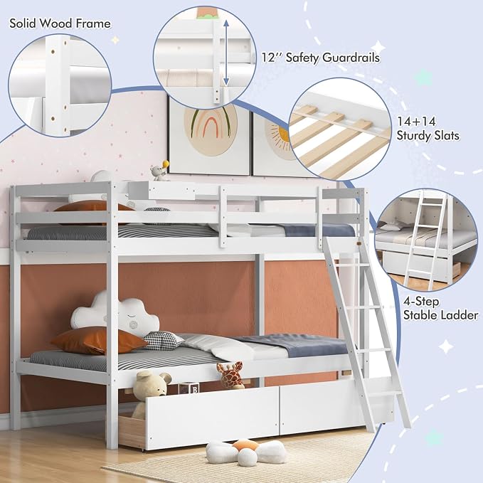 KOTEK Bunk Bed Twin Over Twin with 2 Storage Drawers, Solid Wood Bunk Bed Frame with Storage Cube, Guardrails, Ladder, No Box Spring Needed, Twin Bunk Beds for Kids Teens (White)