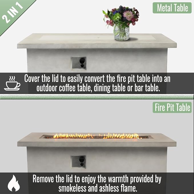 60" Outdoor Propane Fire Pit Table, Rectangular Concrete Gas Fire Pit with 60,000 BTU Heating, Hidden Tank Storage, Electronic Ignition, Lava Rocks & Cover for Patio Backyard Deck Garden, Dark Grey