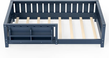 Bellemave Twin Size Floor Bed with high Rails and with Built-in Bookshelf for Kids, Girls, Boys, Wood Montessori Floor Bed Without Door, Blue