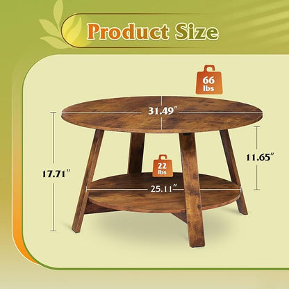 WLIVE Round Coffee Table, 2-Tier Wood Coffee Table with Storage Shelf, Tapered Legs, Circle Wood Small Center Table for Living Room, Apartment, Easy Assembly, Rustic Brown