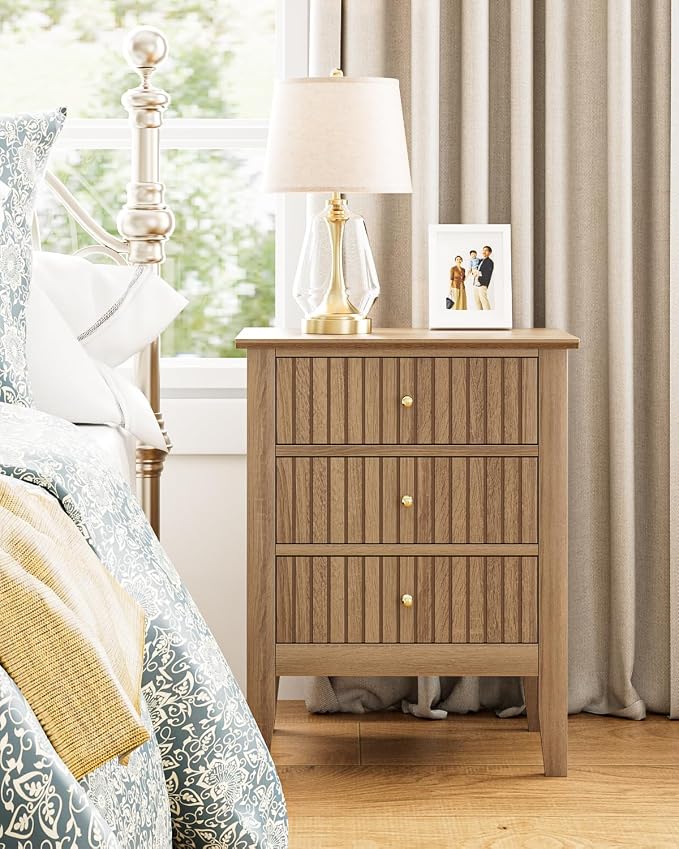 Fluted Nightstand, Vintage Night Stand with 3 Drawers, Mid Century Modern Side Accent Table,Bedside End Table for Bedroom, Living Room, Natural