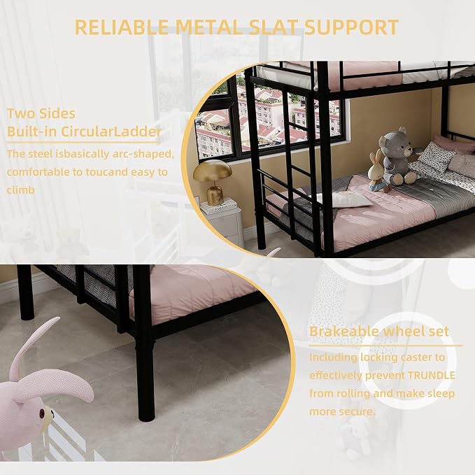 HRVEOCEI 2-Way Convertible Twin Over Twin Bunk Bed with Guardrail & Ladders, Metal Low Bunkbed for Kids Boys Girls, Heavy Duty, No Box Spring Needed, Space-Saving (Black, No Trundle)