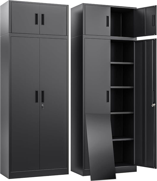 BESFUR Metal Storage Cabinet 87" H,Tall Locking Storage Cabinets with Top Cabinet and 4 Adjustable Shelves for Home Office, Garage,School, Apartment, Warehouse, Utility Room，Black