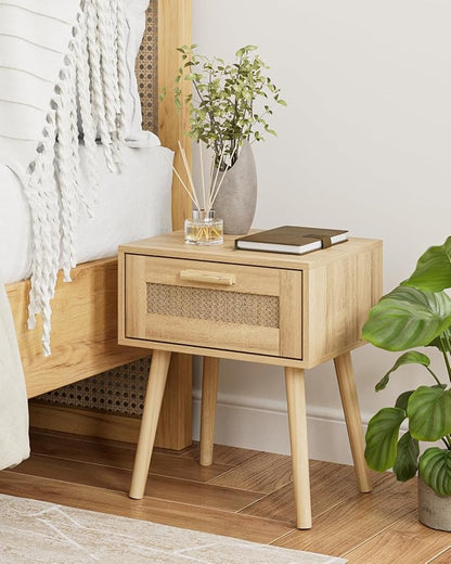 Aienvey Rattan Nightstand, Small Night Stand, Side Table with Drawer Open Shelf, Cane Accent Bedside End Table with Wood Legs, Bohemian Wood Nightstand for Bedroom, Oak (Bohemian)
