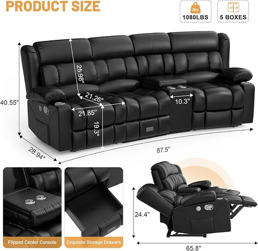 Dresegmt Recliner Sofa with Storage Console, Flip Middle Backrest Design PU Leather 3 Seat Reclining Sofa with Storage Drawer, Manual Couch for Living Room (Black, 3 Seater + Console)