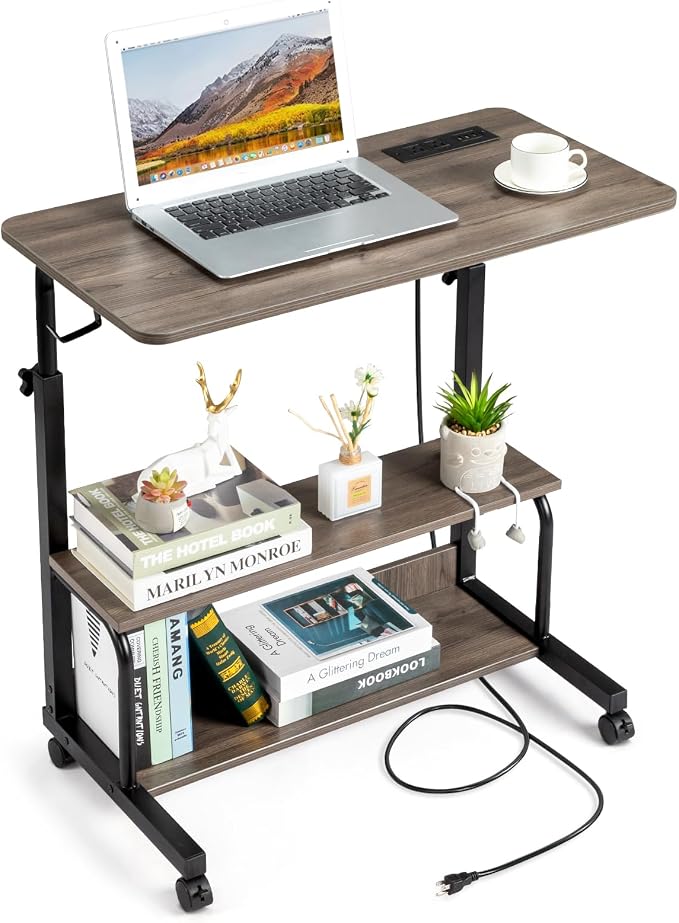 Karl home 31.5" Portable Rolling Desk on Wheels,Height Adjustable Standing Desk with 2 AC Outlets/3 USB Ports,Mobile Laptop Table with Hooks and Storage Shelves for Home Office，Grey Oak
