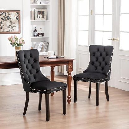 Hixkol Velvet Dining Chairs Set of 2,Upholstered Dining Chairs with Ring Pull Trim and Button Back,Modern Seating for Kitchen, Bedroom & Living Room(Black)