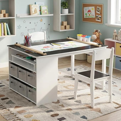 4-in-1 Kids Art Table and Chair Set, Wood Toddler Activity Desk with Large Storage Cabinet, Versatile for Drawing, Painting, Writing, Craft, Reading, and Play – Ideal for Children Ages 2-12
