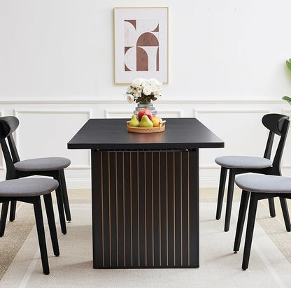 55 in–71 in Extendable Rectangular Dining Table for 4–6, Modern Farmhouse Expandable Kitchen Table with Carved Line Base, Wooden Dinner Table for Kitchen Living Room Home Office (Black)