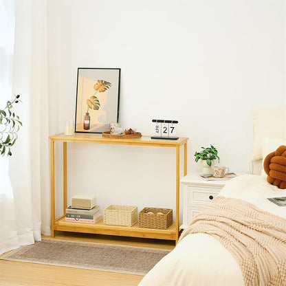 Bamboo Narrow Console Table, 39.4"(L) Wood Small Entryway Table with Rattan and Glass, Accent Slim Hallway Tables, Thin Sofa Side Tables for Hallway, Living Room, Foyer, Burlywood
