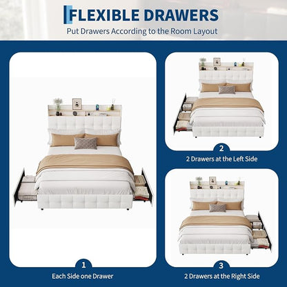 IDEALHOUSE Queen Size Upholstered Bed Frame Fabric with Storage Drawers and LED Lights, Headboard and Frame for Cozy Bedroom Sets Upgrades
