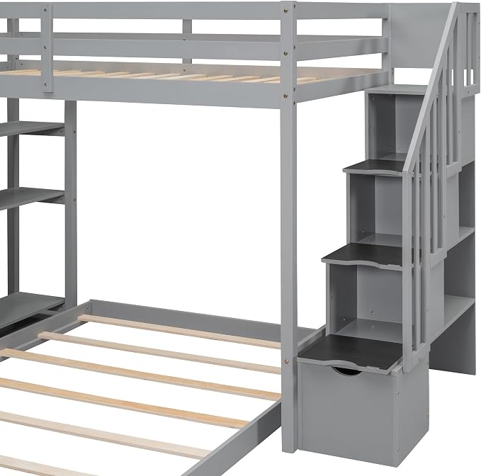 Ball & Cast Twin Over Full Bunk Bed with Safty Guardrail & Storage Stairs,Wood Bedframe W/ 3-Layer Shelves & Drawers,Easy Assembly,Space Saving,Compact Bedroom Furniture Set for Boy Girl Teens,Gray