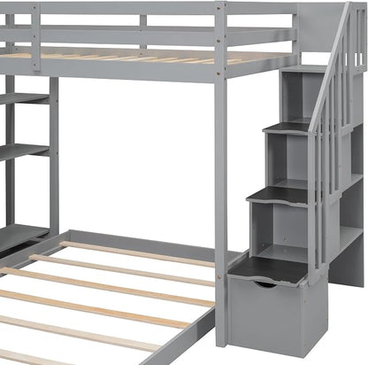 Ball & Cast Twin Over Full Bunk Bed with Safty Guardrail & Storage Stairs,Wood Bedframe W/ 3-Layer Shelves & Drawers,Easy Assembly,Space Saving,Compact Bedroom Furniture Set for Boy Girl Teens,Gray