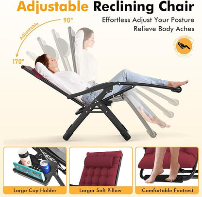 Slendor Oversized Zero Gravity Chairs XXL, 33IN Padded Zero Gravity Lounge Chair, Folding Reclining Patio Chair Lawn Recliner w/Aluminum Alloy Lock, Headrest, Cup Holder, Support 500lbs, Wine Red