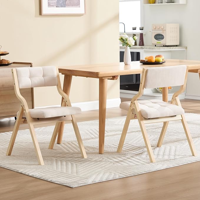 Folding Dining Chairs Set of 4,Padded Foldable Dining Chairs with Cushion,Portable Wooden Folding Chairs for Dining Rooms Kitchen Wedding and Party Indoor Beige