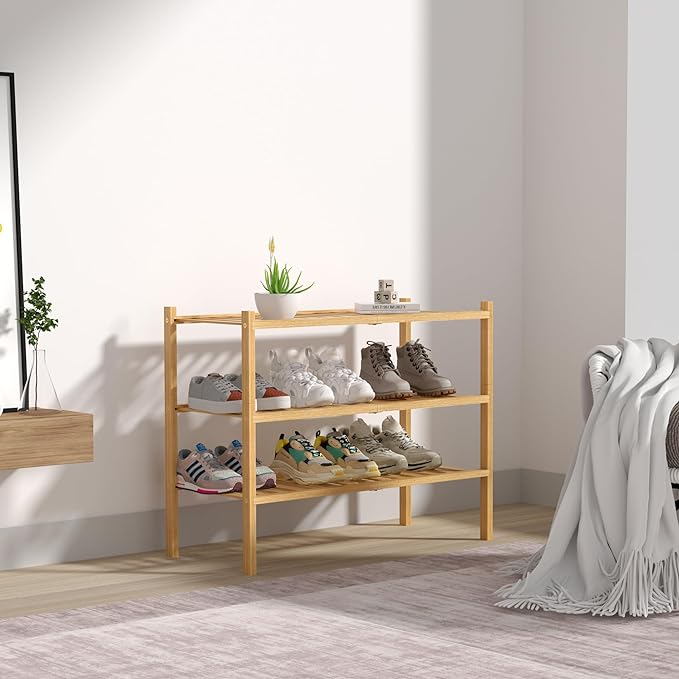 ROMGUAR CRAFT 3 Tier Bamboo Shoe Rack for Closet Free Standing Wood Shoe Shelf Storage Organizer for Entryway Small Space Stackable 27"x11"x20" (Natural)