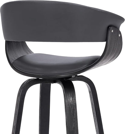 Armen Living Julyssa Mid Century Modern Swivel Bar Stool for Kitchen Island Counter in Gray Faux Leather and Black Wood, 26" Seat Height