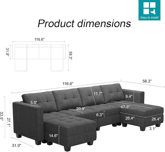 Belffin Reversible Storage Modular U-Shape Sectional Sofa Couch with Double Chaises Modular Sectional Sofa Set with Ottomans Fabric Dark Grey