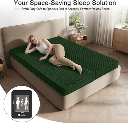 MeMoreCool Convertible Sofa Bed, Folding Floor Couch Bed Queen, Pull Out Sleeper Couch with Pillows, Fold Out Futon Sofa for Bedroom Living Room Small Space, Corduroy Green