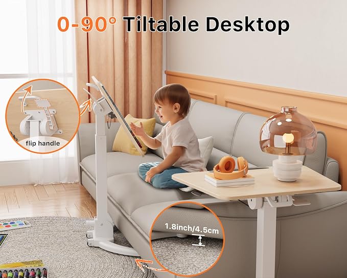 JOY worker Foldable Mobile Standing Desk, Pneumatic Height Adjustable Sit Stand Desk, 90° Tiltable Rolling Laptop Desk, Portable Cart with Wheels Non-Slip Mat for Home Office, Holds Up to 22lbs