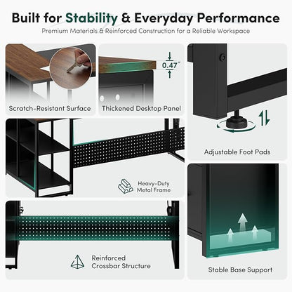 MALOL 70.3" L-Shaped Office Desk, Reversible L-Shaped Computer Desk with Power Outlet, Large Executive Desk with Locked File Drawers & Storage Shelves, Pegboard, Mobile CPU Stand, Modern Corner Desk