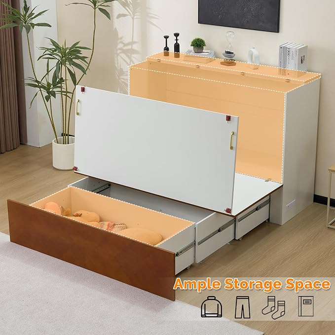 VINGLI Queen Murphy Bed with Storage Drawer,2 Charging Station,Rustic & Scandinavian Style Foldable Bed Cabinet,Hideaway Paltform Panel Bed for Small Room,Guest Room,Office,Apartment,Golden Brown