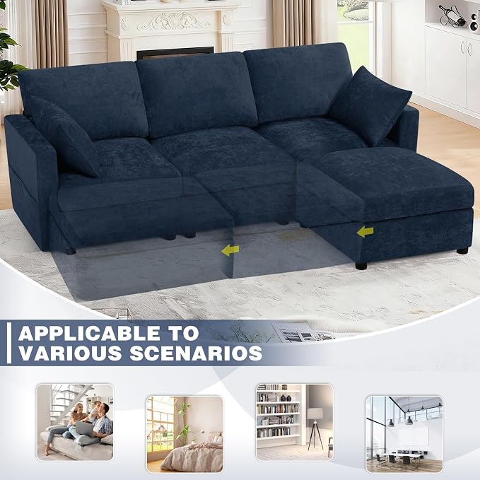 84” Chenille 3-Seats Sofa W/Movable Ottoman, Blue | Modern Fabric L-Shaped Couch w/Soft Backrests, Upholstered Sectional Sofa w/Arm Pillows for Living Room