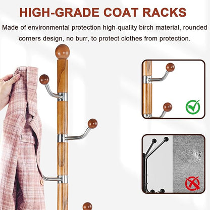 Coat Racks Freestanding, Natural Wood Coat Stands with 6 Hooks, 68" Heavy Duty Adjustable Height Vintage Hall Tree for Entryway, Bedroom, Office, Easy Assembly (Solid Wood Metal Hook)