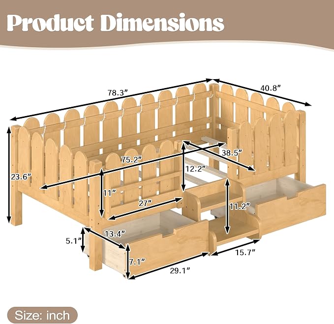 Bellemave Twin Montessori Bed with Stairs, Lights, Rails and Slats, Twin Size Montessori Floor Bed with Bookshelf and 2 Storage Drawers, Easy Assemble Beds Frame for Girls, Boys, Light Natural