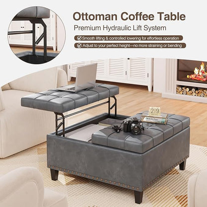 FiveWillowise Square Leather Ottoman with Storage, Faux Leather Coffee Table with Lift Top,Large Upholstered Footrest Stool Toy Box Storage Bench for Bedroom Living Room, Grey