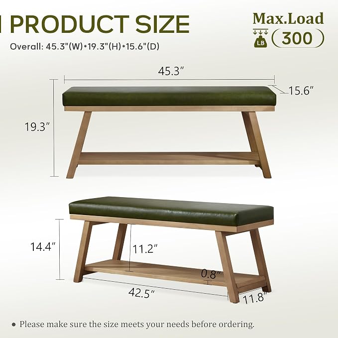 Zihanhome 45" Entryway Bench Upholstered Storage Bench for Bedroom Shoe Rack Bench for Living Room, Hallway, Mudroom, Balcony, Sturdy Indoor Bench Seat Holds Up to 300 lbs (PU-Green)